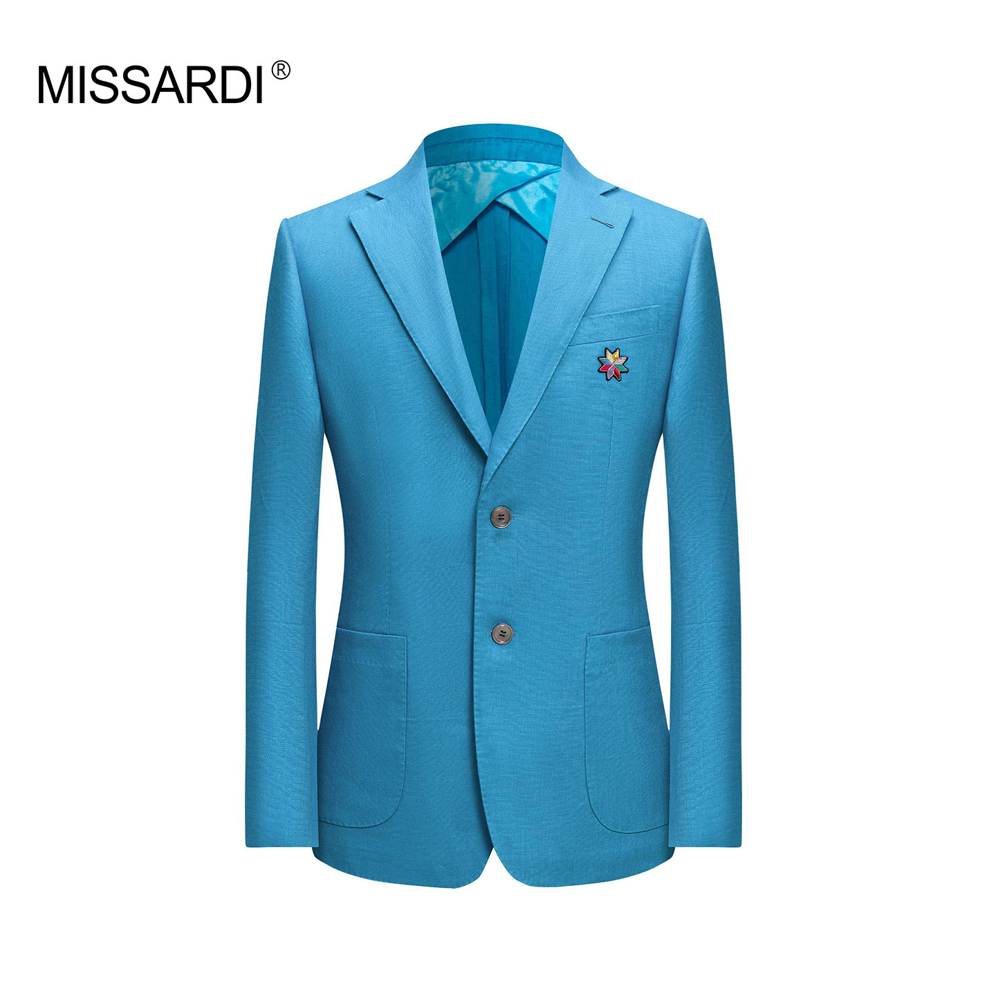 MISSARDI/米纱迪意式春夏海军天蓝色徽章亚麻休闲西服男布雷泽