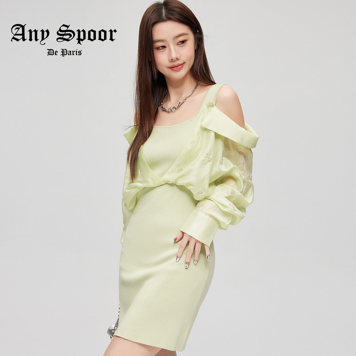 AnySpoor小清新吊带连衣裙女2025春季新款假两件衬衫拼接短款裙子