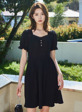 鲁思蒂黑色短袖连衣裙2026新款女夏季小个子气质时尚显瘦中长裙子