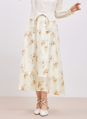 鲁思蒂印花半身裙2024新款女春秋季气质休闲高腰显瘦垂坠感长裙子