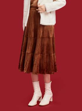 鲁思蒂美拉德半身裙2024新款女秋冬百褶裙气质高腰显瘦中长款裙子