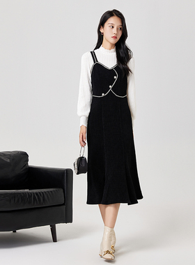 Lucidy/鲁思蒂吊带连衣裙2024新款女秋冬季黑色气质显瘦鱼尾裙子