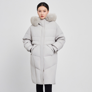 鲁思蒂长款带毛领羽绒服2024年新款女冬季时尚保暖白鸭绒连帽外套