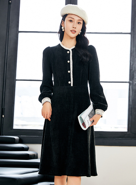 Lucidy/鲁思蒂小香风连衣裙2024新款女秋冬黑色长袖气质显瘦裙子
