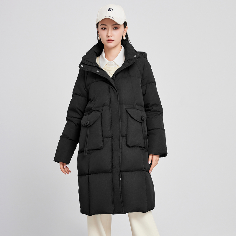 鲁思蒂中长款连帽羽绒服宽松显瘦