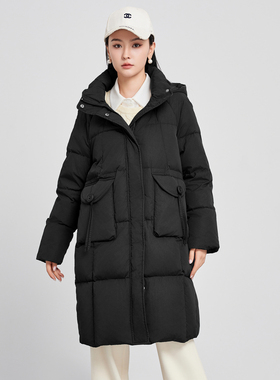 鲁思蒂黑色羽绒服2024年新款女冬季保暖宽松显瘦中长款白鸭绒外套