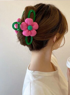 发卡绿色花朵发夹后脑勺秋冬优雅抓夹鲨鱼夹网红感发立体抓夹大号