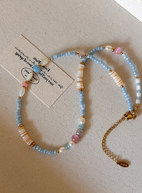 春夏清新粉蓝小众串珠项链气质百搭感锁骨链新款甜美颈链女生