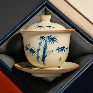 手绘汝窑三才盖碗功夫茶具防烫茶碗大号带盖单个高档家用陶瓷茶杯