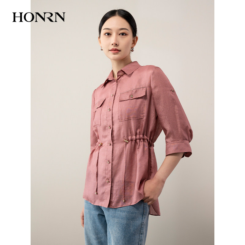 HONRN/红人休闲浅红色七分袖抽绳收腰衬衫上衣女夏款HH22OC642