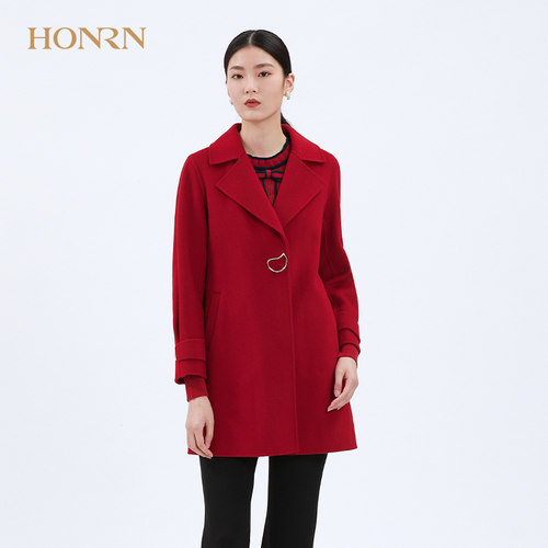 HONRN/红人红色长袖西装领羊毛双面呢子修身直筒大衣外套女秋冬