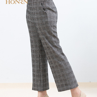 HONRN/红人灰色格纹格子微喇裤子羊毛直筒宽松阔腿休闲裤女春秋款
