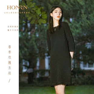 HONRN/红人圆领中袖毛衣连衣裙针织中长裙宽松裙子显瘦HG19OM263