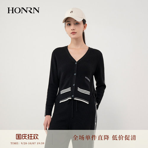红人V领羊毛修身针织开衫女黑色