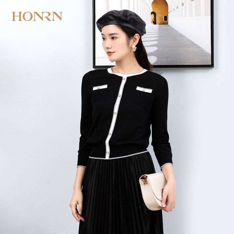 HONRN/红人休闲黑色圆领九分袖毛衣针织衫上衣女设计感修身春秋款,女装/女士精品,毛针织衫,淘宝优惠券,粉丝福利购,淘宝优惠卷