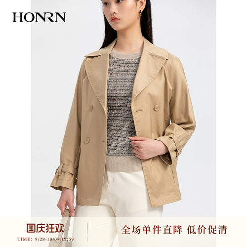 红人英伦短款双排扣翻领风衣女