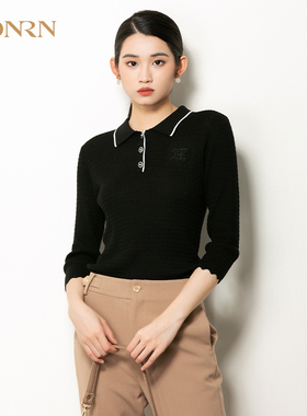 HONRN/红人黑色修身套头显瘦羊毛毛衣polo针织衫上衣女HH11OM671