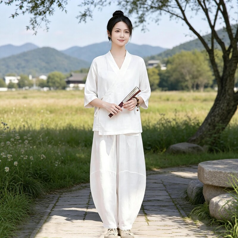 禅意养生中医服装女斜襟系带工作服夏新中式天丝麻薄款汉服领上衣