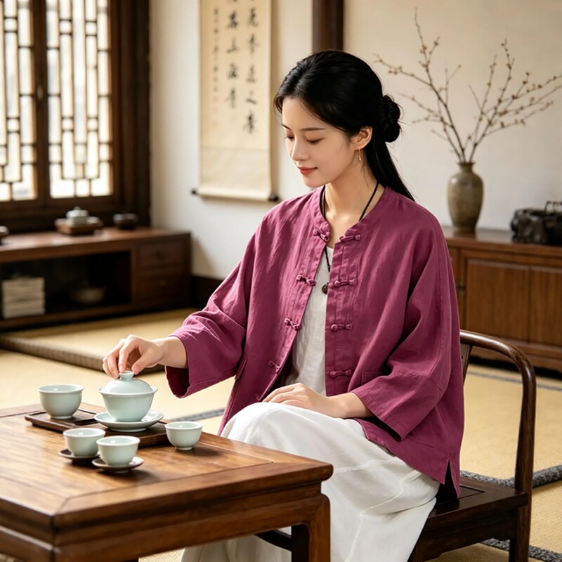 新中式佛系修行居士服女禅意女装长袖盘扣做旧对襟开衫国风上衣女