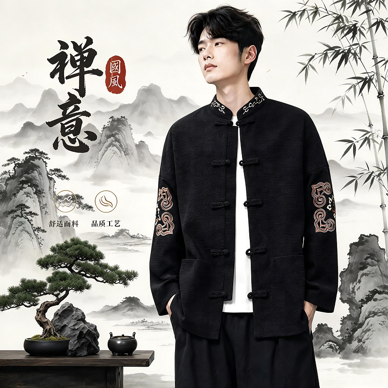 禅意佛系风新中式国风男装刺绣外套修行禅服复古中式唐装居士服男
