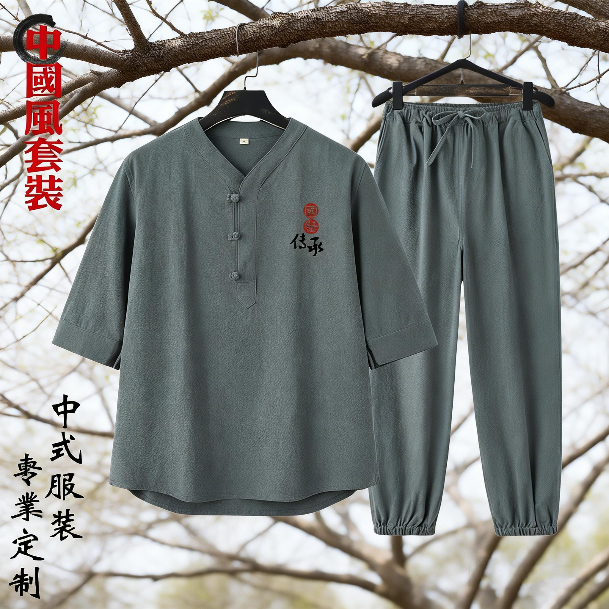 中国风中医馆工作服男棉麻唐装七分袖V领盘扣禅茶服养生馆技师服