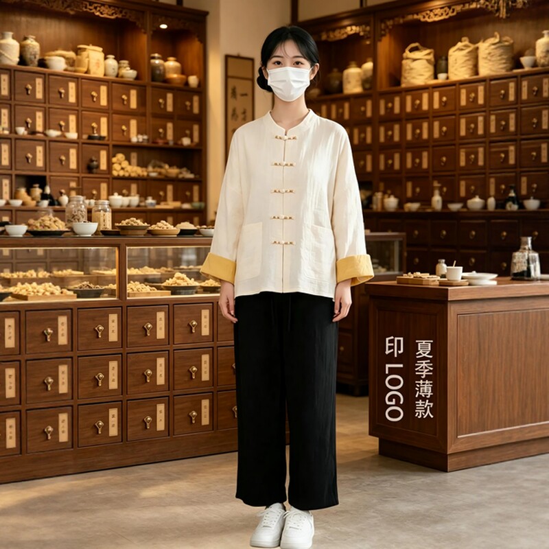 新中式风薄款中医养生馆工作服大码女士唐装上衣夏理疗师艾灸衣服