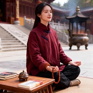 中式棉袄禅修居士服女款冬季套头短款禅意小外套修行棉麻素衣套装
