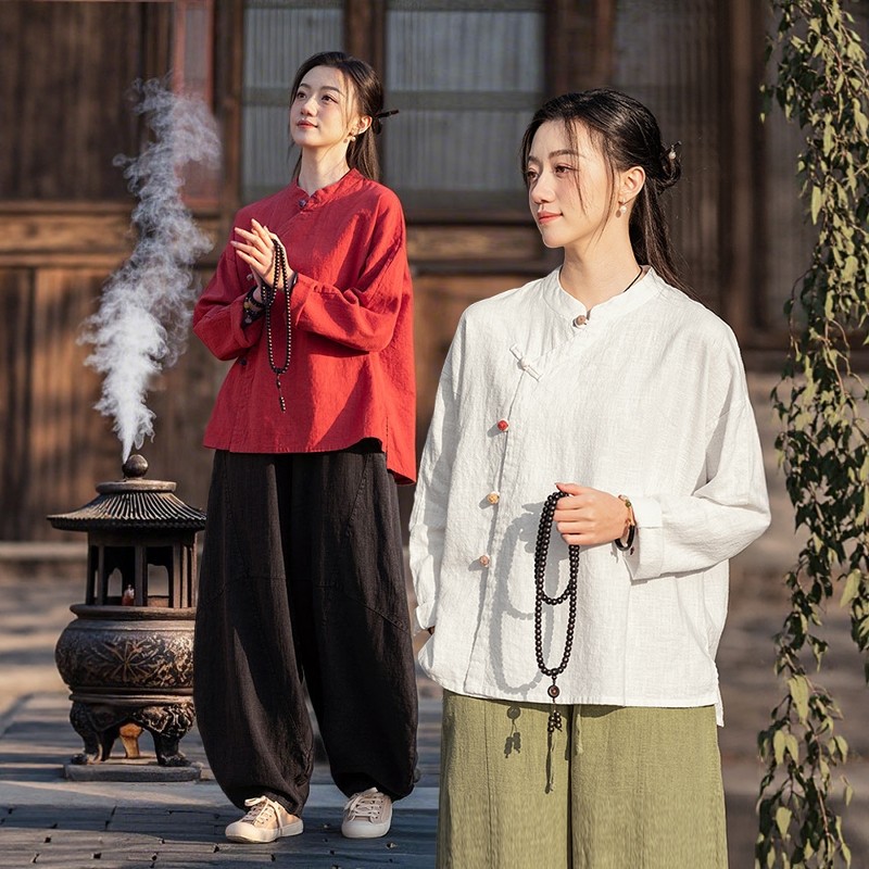 寺院拜佛素衣禅意佛系女装新中式斜襟棉麻上衣居士太极服女款套装