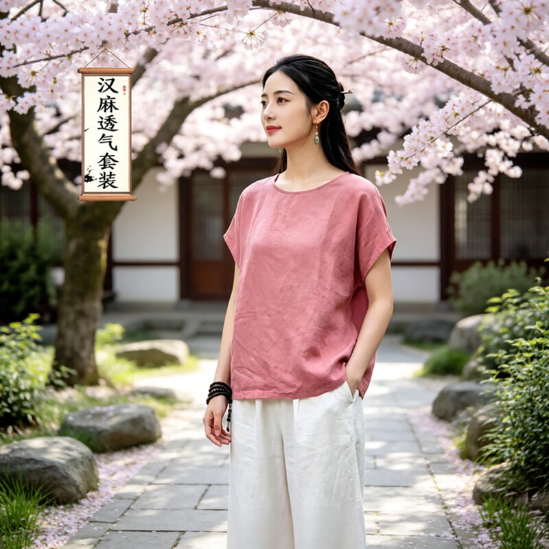 夏季佛系禅意居士服女薄款新中式国风汉麻套装宽松休闲蝙蝠袖上衣