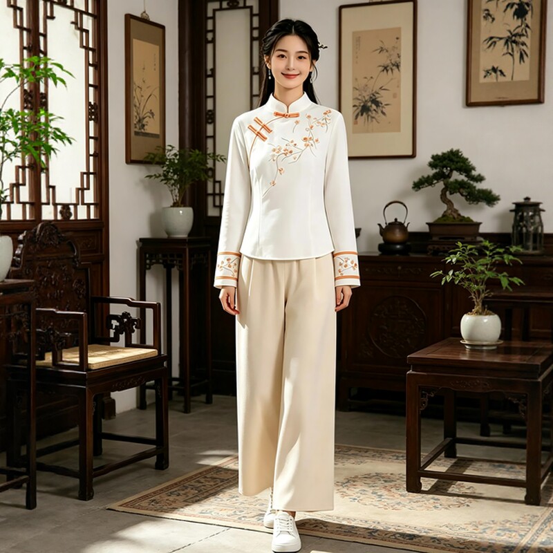新中式秋冬美容师工作服女新国风斜襟唐装上衣高级养生馆技师工装