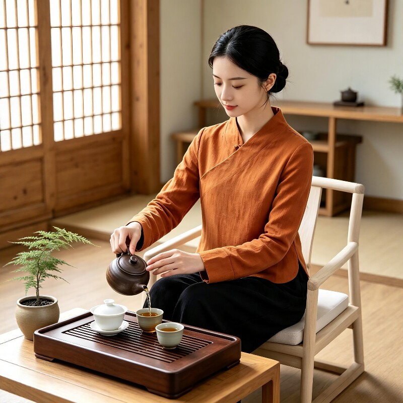 新中式茶服女棉麻斜襟旗袍式唐装上衣国学茶道服高端养生馆工作服