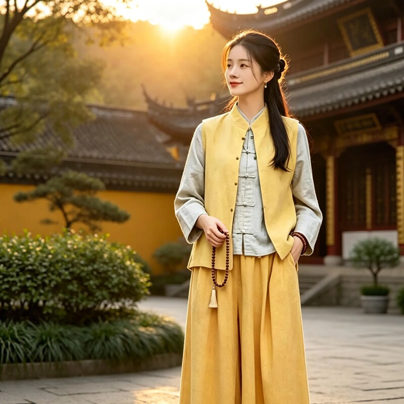 春秋双面穿高级禅服女马甲新中式国风唐装修行居士服修行素衣套装