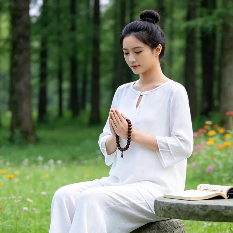 夏季白色禅服女佛系禅意素衣中国风仙气疗愈服修行素衣居士太极服