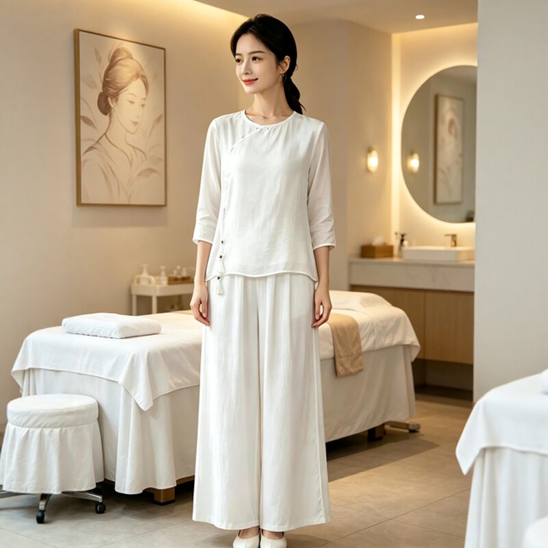 夏季中式美容师工作服国风棉麻上衣定制养生理疗馆艾灸推拿师服装