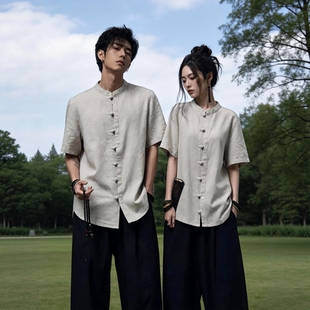 新中式禅修居士服夏季薄款亚麻上衣男女衬衫禅意佛系高级禅服套装