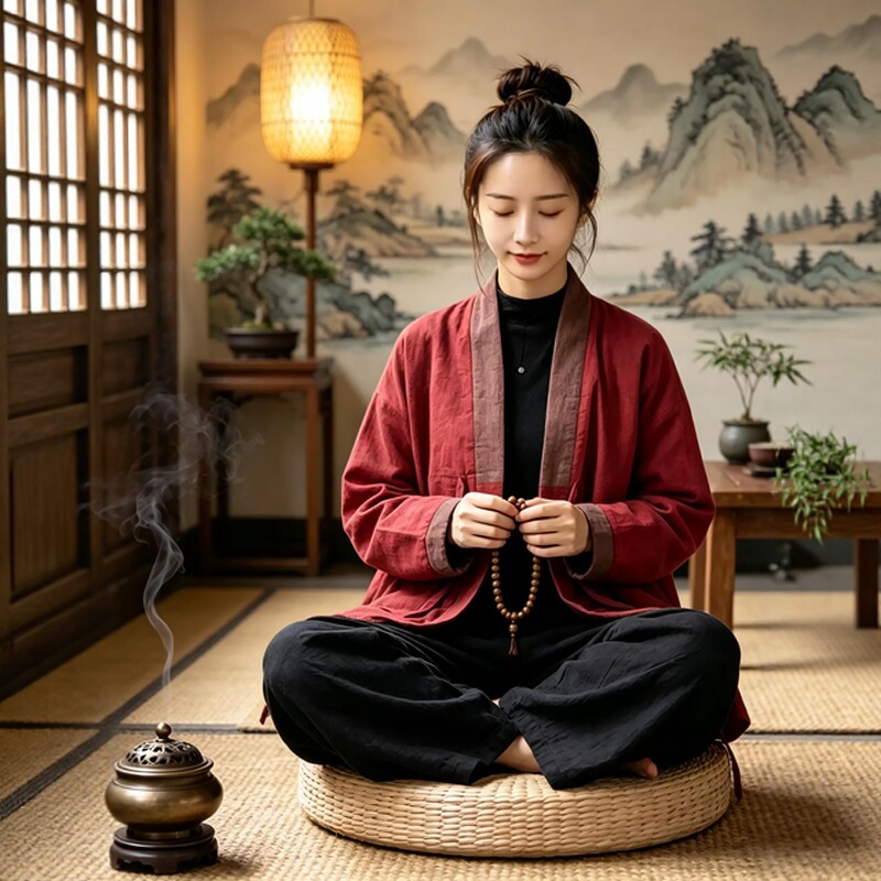 中式居士棉服女复古禅意居士服女红色棉服开衫外套禅修服保暖棉袄