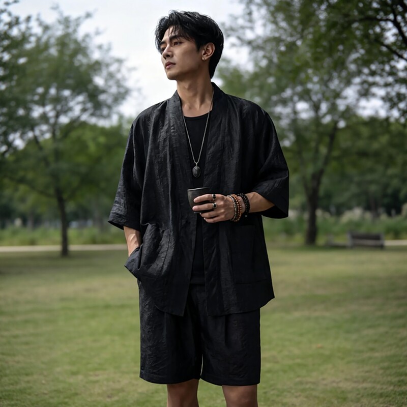 夏季新款高端100%桑蚕丝香云纱男装龟纹双面穿中国风禅意茶服套装