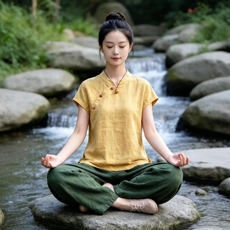 夏季短袖居士服女款新中式棉麻上衣斜襟盘扣茶服宽松打坐冥想禅服