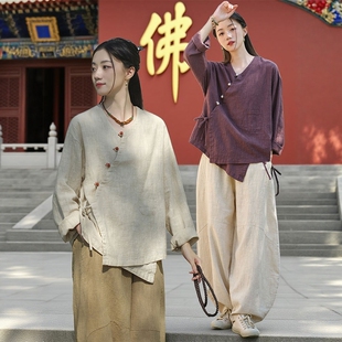 佛系禅意茶服25新款棉麻斜襟上衣复古国风寺院修行素衣居士服套装