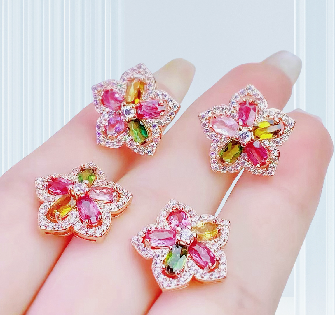 碧玺耳钉s925银镶嵌天然碧耳饰玺彩宝花瓣耳钉时尚气质轻奢耳钉