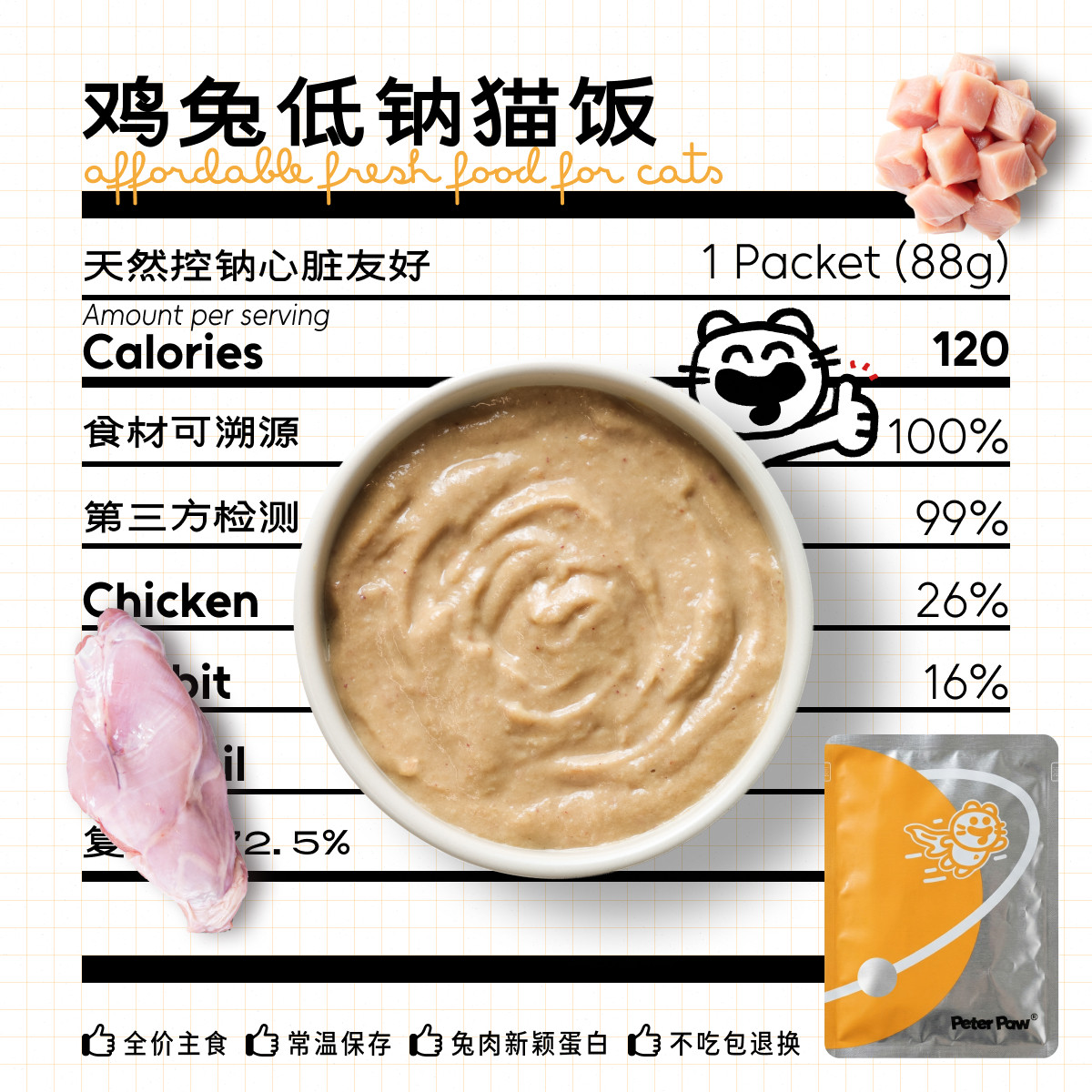 猫厨狗灶鸡肉兔肉低钠心脏友好猫咪自制新鲜猫饭全价主食湿粮餐包
