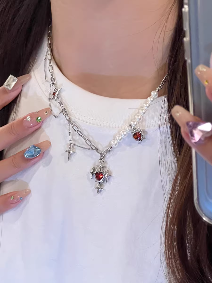 失眠艺术家暗黑十字架红宝石吊坠珍珠链条流苏y2k辣妹项链choker