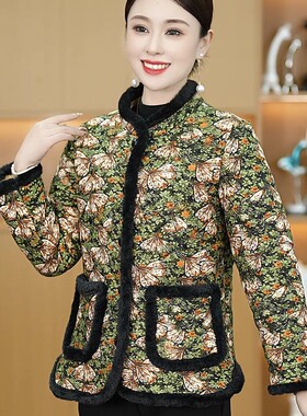 中老年新款女装妈妈国风碎花棉袄立领盘扣长袖短款保暖棉服妈妈装