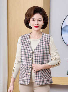 春夏季薄款马甲女洋气妈妈装V领背心外穿中老年女士坎肩短款马夹