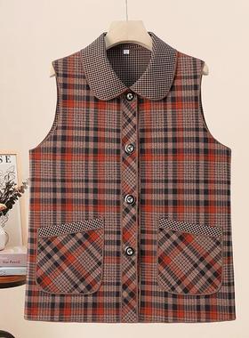 妈妈春秋时尚格子马夹中老年女装翻领洋气中长款马甲春款减龄显瘦