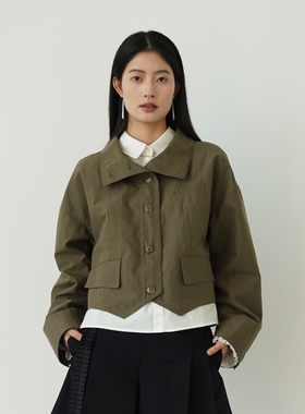 SIMPLY PUT长绒棉宽松短款翻领复古单排扣通勤风衣外套女