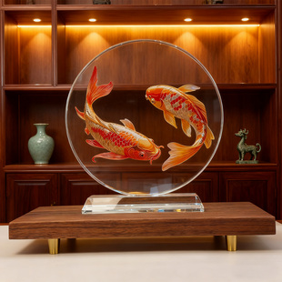 锦鲤内雕水晶摆件招财好寓意家居客厅玄关装 饰乔迁开业礼桌面摆台