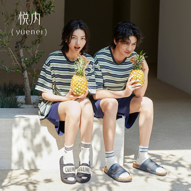 悦内情侣睡衣女夏季夏款短袖短裤纯棉家居服男士条纹夏天圆领套装