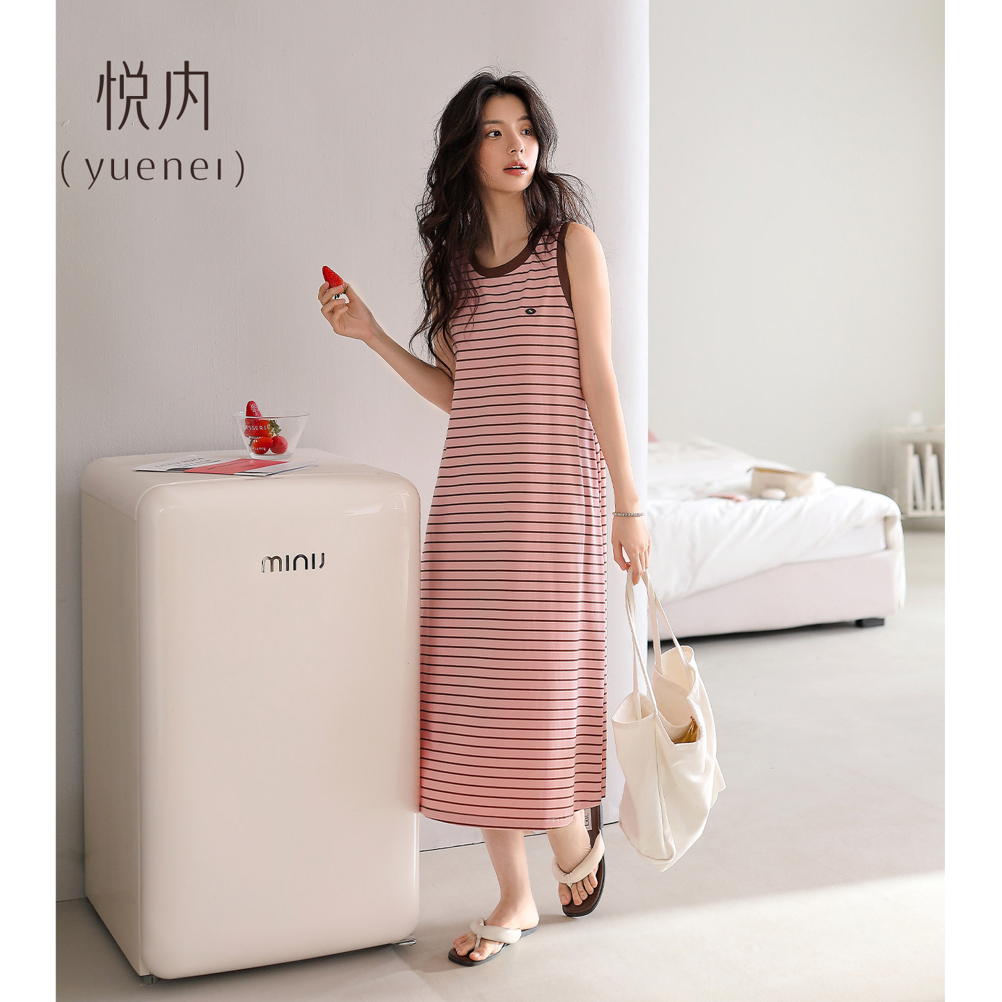 悦内带胸垫睡裙女款睡衣夏季夏款无袖背心大码休闲粉色条纹家居服