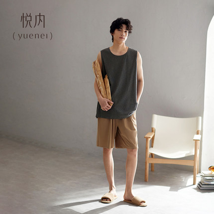 悦内睡衣男士夏款背心短裤纯棉家居服夏季宽松大码薄款凉感可外穿